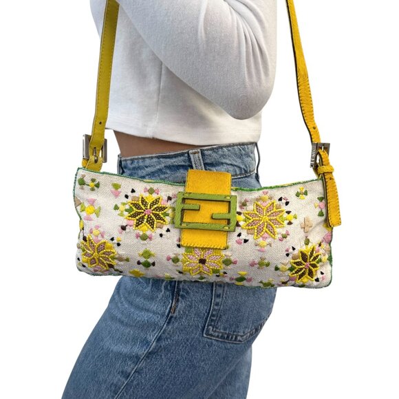 FENDI Vintage FF Beads Mamma Baguette Crossbody Bag Flower Embroidery [106448] - Picture 3 of 16